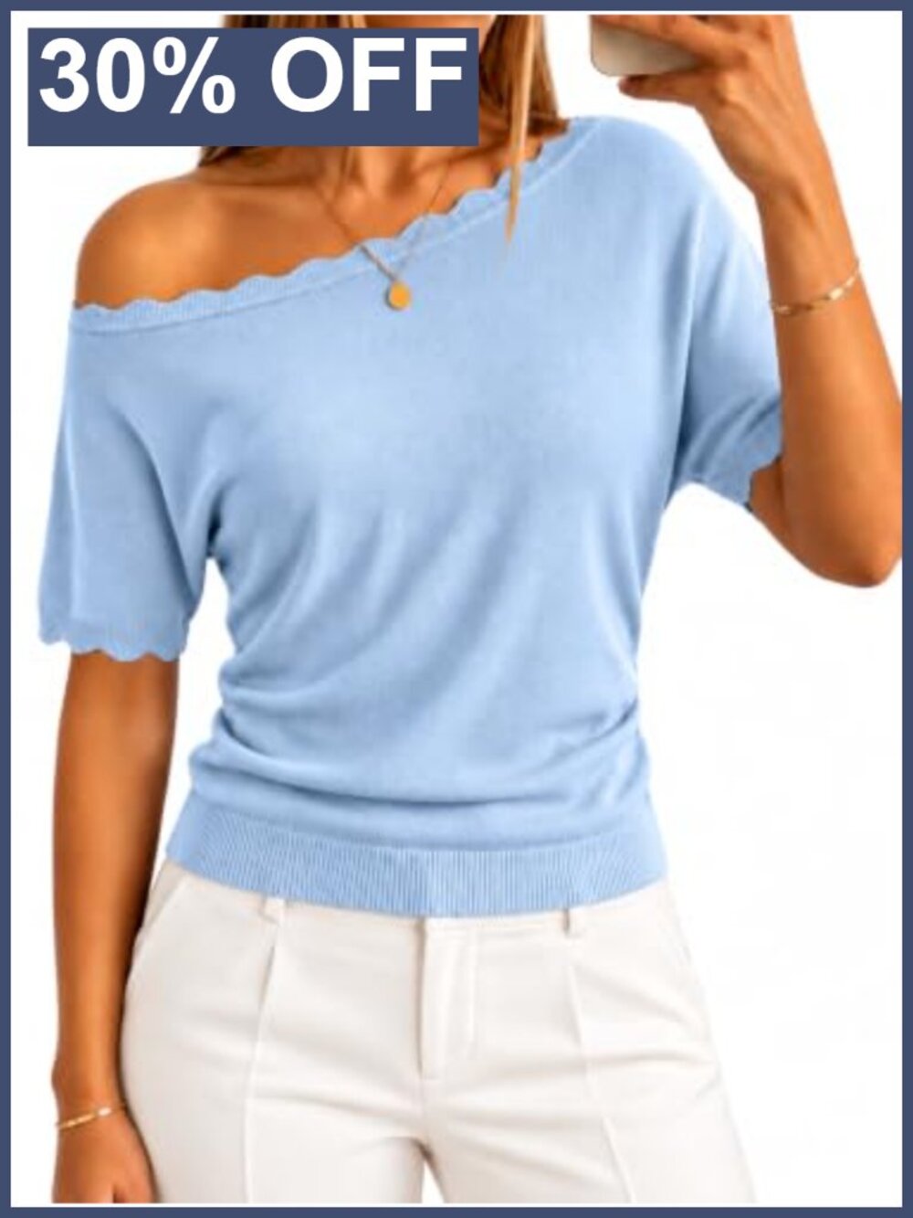 Off Shoulder Short Sleeve Knit Sweater Top Scalloped Ruched Waist